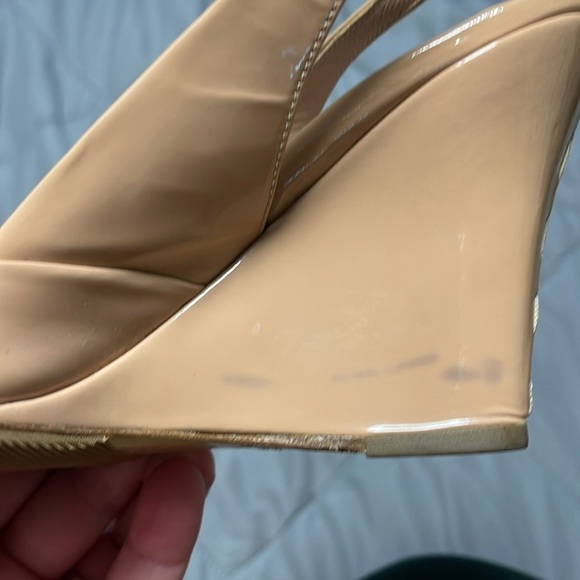 Miu Miu Wedge Patent Leather Pink Nude Sling Back Heel Flawed Size 4 - Picture 9 of 15